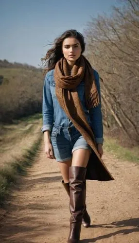 Solitaria ,a woman wearing boots and a scarf walking down a road,countrywoman,woman walking,countrygirl,countrywomen,naina,girl walking away,cowboy boots,country dress,horsewoman,hasharon,walking in a