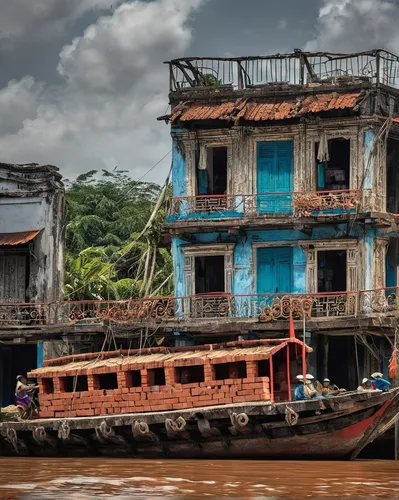 Photography image -  Brick Barge, Can Tho, Mekong Delta,stilt houses,stilt house,taxi boat,floating huts,cube stilt houses,fishing village,houseboat,abandoned boat,mekong,mekong river,stone town,hoian