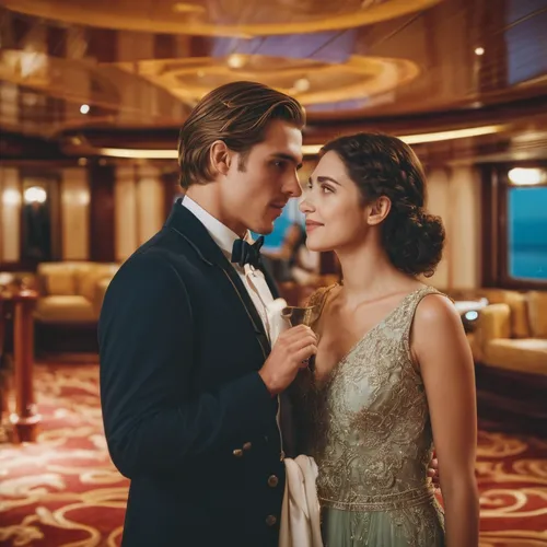 Write a romantic encounter between Elena Fisher and a mysterious stranger on a luxurious cruise ship.,titanic,great gatsby,on a yacht,royal yacht,gatsby,passengers,roaring twenties couple,the ship,que