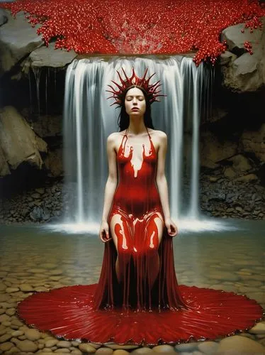 root chakra,hemorrhage,bloodstream,menstruation,sanguine,persephone,unseelie,invoking,demoness,menstruate,vodun,sanguinary,bloodstreams,lilith,transfused,priestess,bodypainting,photo manipulation,severed,red earth,Illustration,Realistic Fantasy,Realistic Fantasy 09