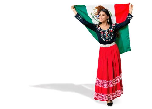 Mexican flag bearer, young woman, traditional dress, long dark hair, bright smile, festive atmosphere, vibrant colors, flowy skirt, embroidered blouse, waving Mexican flag, proud posture, warm sunligh