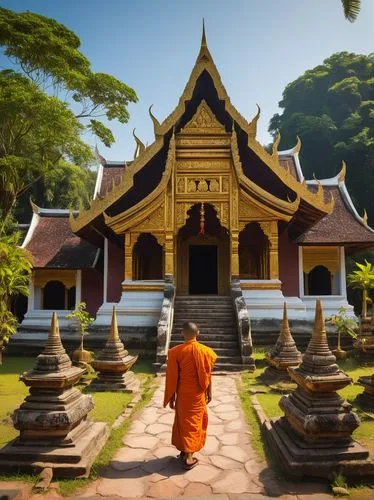 Laos architecture, Buddhist temple, intricate carvings, golden stupas, tiered roofs, ornate facades, vibrant colors, Wat Xieng Thong, Luang Prabang, sunny day, clear blue sky, lush greenery, tropical 