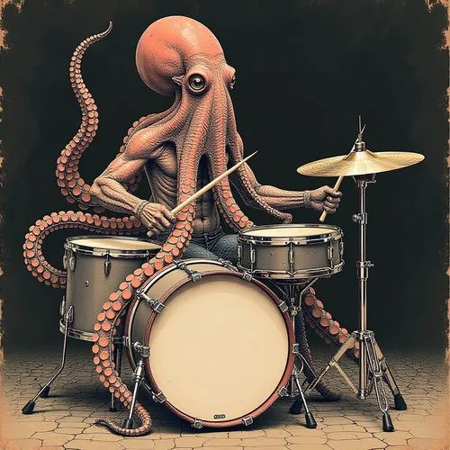 drummer,kantarian,cephalopod,octopi,lovecraftian,pink octopus,Illustration,Black and White,Black and White 03