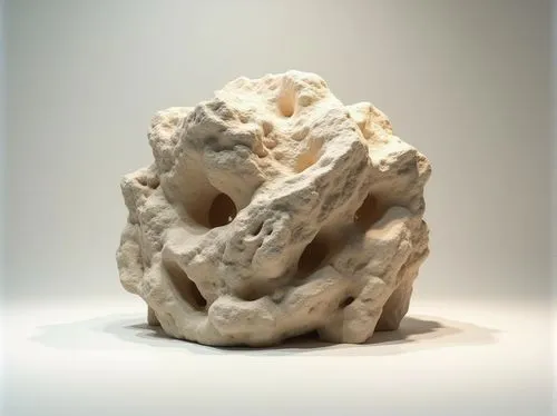 Sand-casted sculpture, modern art, abstract design, solo exhibition, white background, spotlights, gentle shadows, rough texture, natural earth tone, intricate details, fragmented forms, geometric pat