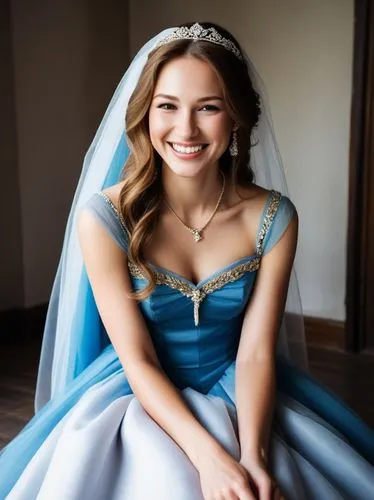 The most enchanting smile I've ever seen.,a woman posing for a picture wearing a blue dress,bridal dress,blonde in wedding dress,margairaz,bridal,bridal gown,wedding dress