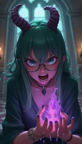 An evil girl holds swirling purple flames.,alexandrite,ursula,eto,scylla,kubera,narcissa,imp,chua,lorelai,vada,headmistress,psychic vampire,spinmeister,spellcasting,melora,magistra,asmodeus,luci,medus