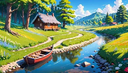 boat landscape,idyllic,landscape background,river landscape,home landscape,mountain scene,salt meadow landscape,summer cottage,alpine village,fishing float,mountain village,cartoon video game background,rural landscape,heidi country,picnic boat,nature landscape,world digital painting,beautiful landscape,mountain landscape,game illustration,Anime,Anime,General