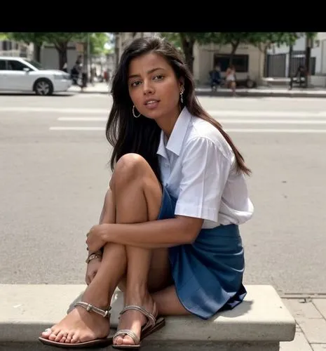 She sits on a bench in the street and feeds pigeons.  wearing a short blue skirt and a white shirt.  On her feet is a black sandal.,miniskirt,in shorts,rajakumari,miniskirted,beautiful legs,miniskirts