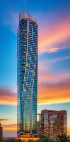 a tall skyscr at sunset with water below it,vdara,escala,antilla,renaissance tower,skyscapers,cotai,Photography,General,Realistic