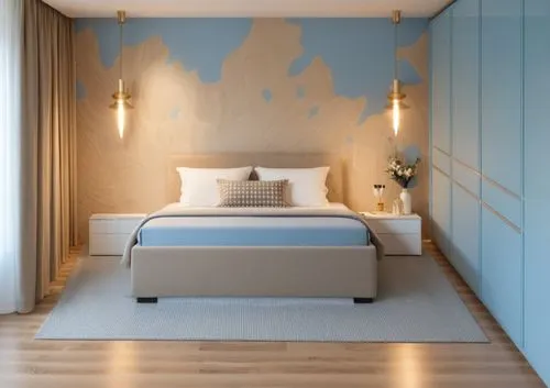 the bedroom is in a modern style. Very light, in nude shades, beige color. On the right, the closet is closed in a dusty blue color. There are bedside tables made of wood by the bed. Hanging lamps in 