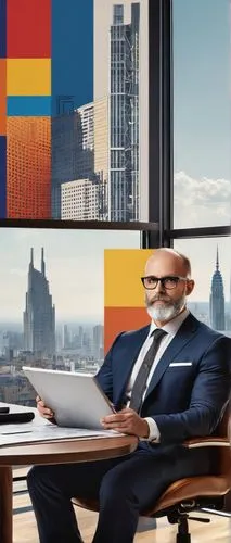 Chief Architect, male, mature, confident, balding hair, glasses, beard, suit, tie, holding tablet, Revit Architecture software open, modern skyscraper design on screen, cityscape background, blueprint