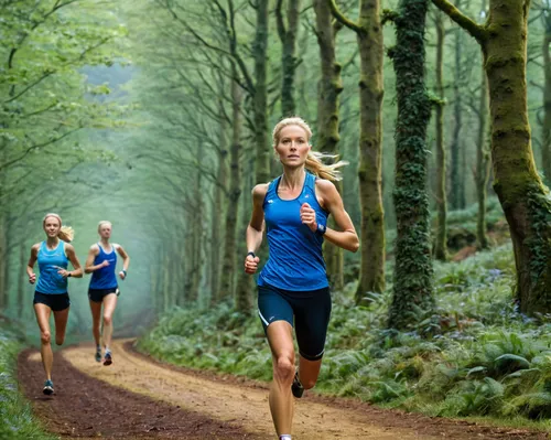 A 36 year old female marathon runner running ahead of the other competitors, tied-back blonde hair, fit lithe body, perfect figure, blue running kit, background: southern England countryside.,long-dis