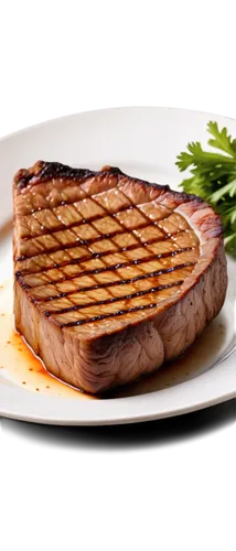 Juicy steak, medium rare, sizzling hot, golden brown crust, tender meat fibers, savory aroma, garnished with parsley, served on white plate, close-up shot, shallow depth of field, warm lighting, cinem