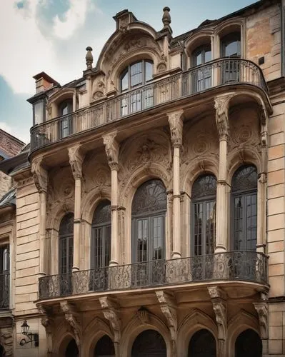 Old French architecture, ornate stone carvings, grandeur facade, rusticated stonework, tall windows, arched doorways, intricate ironwork balconies, weathered limestone walls, steeply pitched roofs, ch