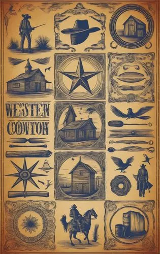 西部乡村牛仔复古元素矢量图,a sheet that has different items on it,waystation,westerns,westerner,coulton,western,wearstler,Illustration,Abstract Fantasy,Abstract Fantasy 16