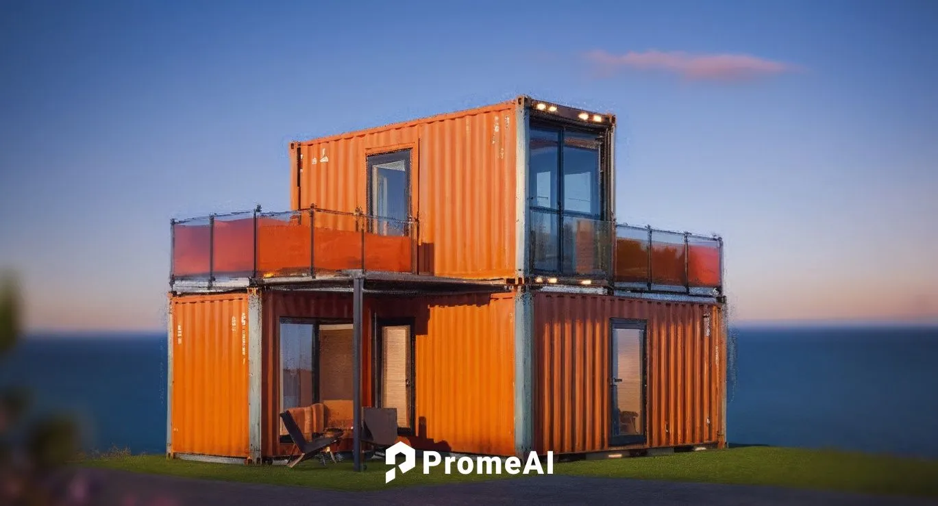 a simple modern home made of shipping container, with glass balcony, two lawn chairs, orange paint scheme,a small, orange container house on a hill near the ocean,shipping container,cube stilt houses,