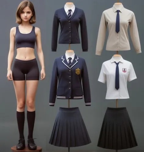 Paper dolls British 16 year old schoolgirl in black sleeveless shirt ,black tight fit spandex shorts with black sock and black shoe standing surrounded by with a set of British school uniform, white d