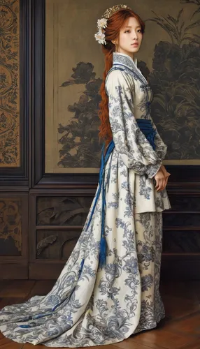 suit of the snow maiden,imperial coat,elizabeth i,victorian lady,victorian fashion,portrait of a girl,hanbok,rococo,overskirt,blue and white porcelain,portrait of a woman,mazarine blue,ball gown,blue peacock,girl in a long dress,baroque,cepora judith,baroque angel,evening dress,kimono fabric,Illustration,Japanese style,Japanese Style 18