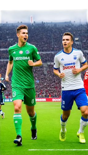 Bundesliga stadium, football players, green grass, sunny day, clear blue sky, cheering crowd, jerseys, shorts, soccer balls, goalposts, nets, athletic builds, dynamic poses, intense facial expressions