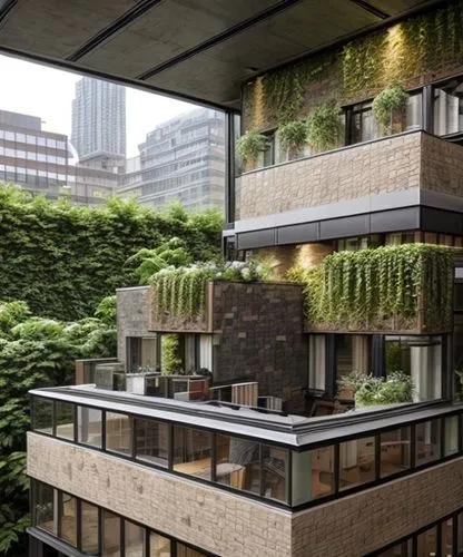 penthouse uniqe idea to cover the space with plants and glass windows with stone texture at the wall ,roof garden,balcony garden,japanese architecture,eco-construction,urban design,block balcony,roof 