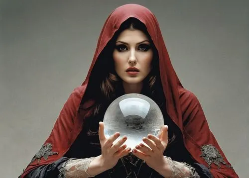 crystal ball-photography,ball fortune tellers,fortune teller,crystal ball,gothic portrait,sorceress,fortune telling,conceptual photography,red riding hood,glass sphere,priestess,gothic woman,psychic vampire,gothic fashion,scarlet witch,occult,divination,orientalism,globes,bowler,Photography,Fashion Photography,Fashion Photography 26