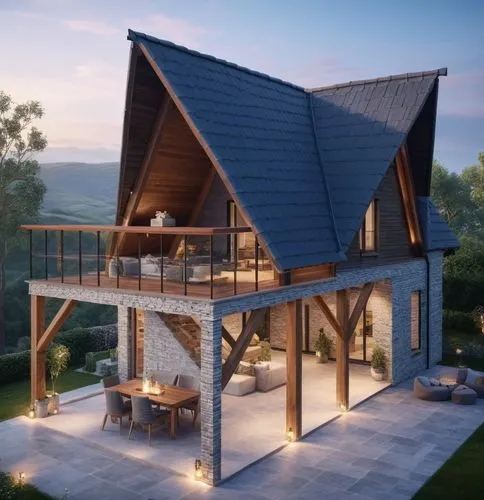 a modern cottage, with a raised floor, balcony, grey tile roofing,3d rendering,roof landscape,chalet,timber house,folding roof,grass roof,revit,wooden house,house roof,roof terrace,inverted cottage,su