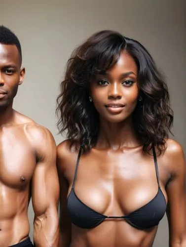 Cheerful black-haired Negro bikini model and a bodyguard at her side.,a man and a women with very large es,iyanya,black models,black couple,nigeriens,pair of dumbbells,muscularity,Photography,General,