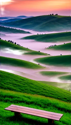 palouse,toscana,toscane,bench,foggy landscape,wooden bench,purple landscape,landscape background,chair in field,tuscany,benches,park bench,red bench,beautiful landscape,green landscape,rolling hills,landscape nature,windows wallpaper,wave of fog,nature landscape,Illustration,Paper based,Paper Based 02