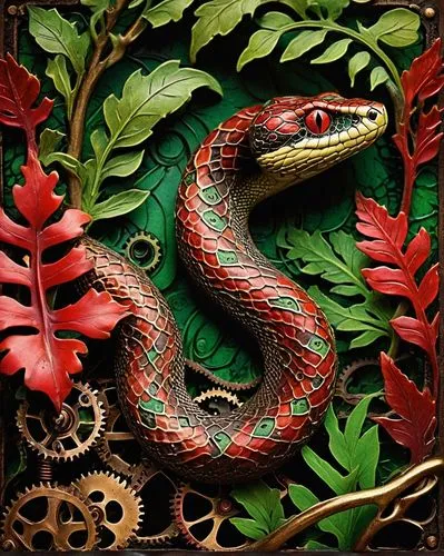 A vividly colored snake with piercing eyes hides among lush green and red foliage, creating a striking contrast in nature.,vipera,herpetofauna,lagarto,emperor snake,snake pattern,serpiente,serpent,pit