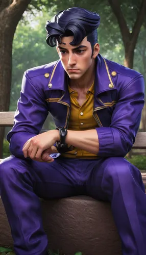 Prompt 2: Josuke in a sad mood, reminiscing about his childhood at a local park.,yukio,tangelo,man on a bench,taro,purple,sit,monsoon banner,purple rizantém,no purple,grape pergel,ganmodoki,male chara