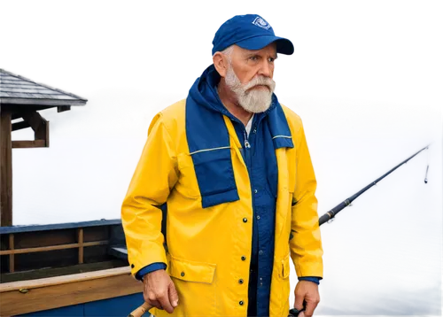 Fisherman logo, old sailor, white beard, blue eyes, wrinkled face, navy blue hat, yellow raincoat, holding fishing rod, standing on dock, morning mist, soft lighting, cinematic composition, shallow de