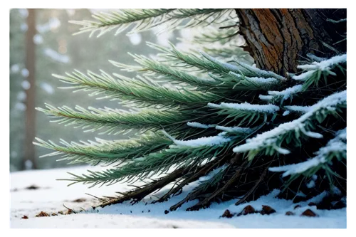 Evergreen spruce tree, winter season, snow-covered branches, thick trunk, roots deep in earth, frosty morning dew, soft sunlight filtering through needles, 3/4 composition, shallow depth of field, coo