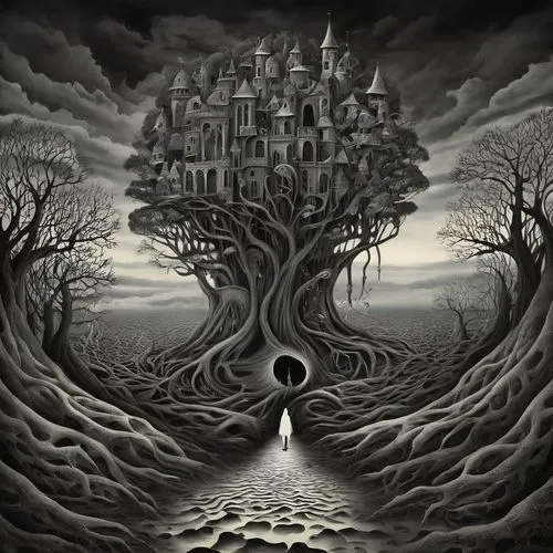 surrealism,ghost castle,dark art,dark world,surrealistic,desolation,mirror of souls,witch house,haunted castle,witch's house,tree of life,creepy tree,the haunted house,fantasy art,the roots of trees,dark gothic mood,fantasy picture,uprooted,tree thoughtless,rooted,Illustration,Black and White,Black and White 07