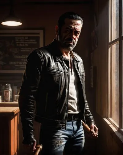 Negan holding a Baseball Bat standing in the corner of cafe with minimal lighting, only light coming in from the window, dust flying around, dramatic lighting,logan,wyndorf,hannegan,lumbago,massimo,co