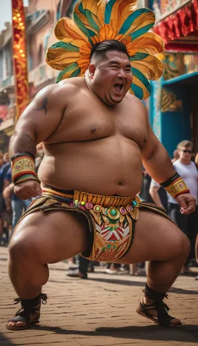 Chubby muscular sumowrestler wearing carnival costume
Dancing
Excited face
A bit brown skin
Parade
Sweating ,sumo wrestler,sinulog dancer,luau,hula,polynesian,pambazo,asian costume,panamanian balboa,c