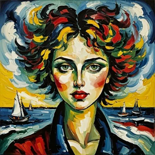 girl on the boat,yachtswoman,mousseau,goncharova,fauvist,david bates,portrait of a girl,the sea maid,cerati,girl on the river,portrait of a woman,nielly,woman portrait,strindberg,the wind from the sea