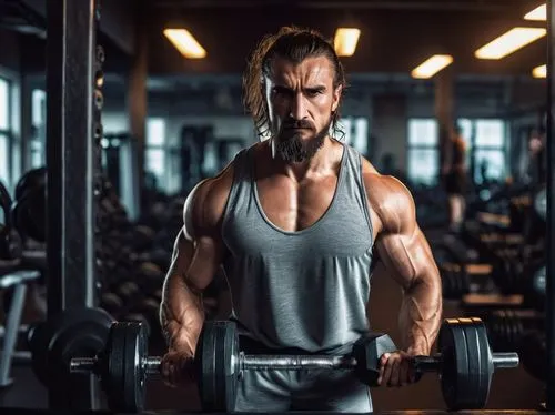 Muscular man, Qui Gon Jinn, gym interior, intense workout, sweat dripping, rugged beard, messy hair, tank top, athletic pants, sneakers, dumbbells in hand, powerful stance, urban background, modern eq