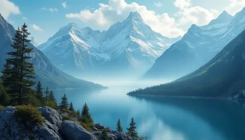 Sapphire color, majestic mountains, snow-capped peaks, misty valleys, serene lakes, rugged terrain, pine trees, rocky cliffs, waterfalls, morning dew, soft sunlight, 3/4 composition, panoramic view, d