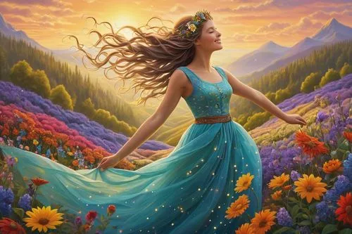 girl in flowers,fantasy picture,splendor of flowers,celtic woman,beautiful girl with flowers,gracefulness,falling flowers,jubilance,world digital painting,yogananda,flower background,sea of flowers,little girl in wind,fantasy art,field of flowers,rapunzel,eurythmy,springtime background,blooming field,mystical portrait of a girl,Conceptual Art,Daily,Daily 33