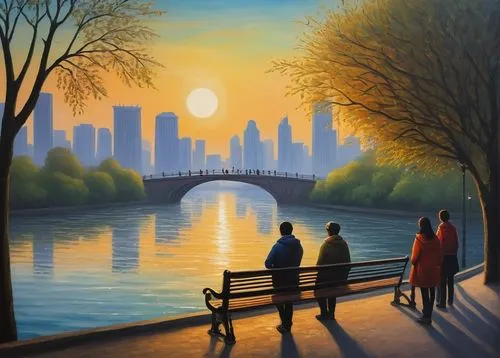 dubbeldam,oil painting on canvas,art painting,city scape,cityscapes,oil painting,schuylkill,romantic scene,central park,oil on canvas,evening atmosphere,cityscape,evening city,night scene,landscape background,park bench,photo painting,city skyline,janome chow,mostovoy,Illustration,Abstract Fantasy,Abstract Fantasy 15