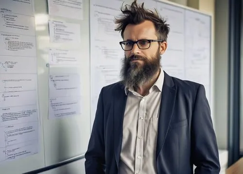 Software architect, male, 35-40 years old, beard, glasses, formal attire, standing in front of a whiteboard, explaining design patterns, complex system diagrams, messy notes and coffee cups on the tab