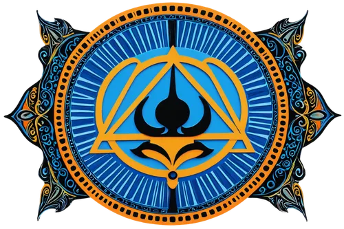 Tribal Libra symbol, astrological sign, bold lines, geometric patterns, intricate details, circular shape, symmetrical composition, vibrant colors, orange, yellow, blue, black outlines, 3D illusion, g