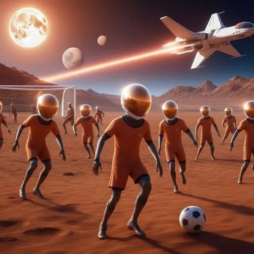 Alien team playing soccer on Martian field versus human team of astronauts,Group of astronauts playing a game of soccer in Martian terrain,uefa,futbol,Soccer,Aliens sports,Men in black,UFO,Photography