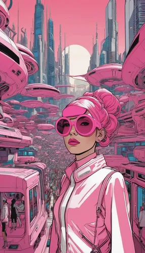 pink city,pink diamond,pink dawn,cyberpunk,pink lady,city trans,dystopia,pink squares,pink glasses,dystopian,cyber glasses,metropolis,pink round frames,ipê-rosa,sci fiction illustration,tokyo city,futuristic,pink car,color pink,man in pink,Illustration,Vector,Vector 02