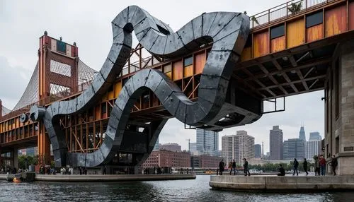 morphosis,dragon bridge,futuristic architecture,archigram,drawbridges,arcology,cube stilt houses,drawbridge,futuristic art museum,zollverein,libeskind,kimmelman,weisman,steel sculpture,superstructure,megastructure,aerial lift bridge,angel bridge,gehry,autostadt wolfsburg