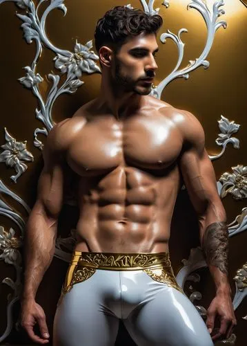 einem glänzenden Latex, fließenden Silikonen-Metall-Wandspiegel, im Stil von Alberto Seveso, der die außergewöhnlichen Fähigkeiten von Akko in einer mystischen Reise darstellt.Exotic Latino muscular a