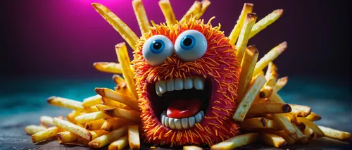 crazy fluorescing monster french fries figure, in neon colors, future art , subsurface scattering, ultra hd, 4k, high def, Photorealistic, Hyperrealistic, Hyper detailed, analog style, realistic, mast