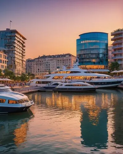 Panoramic view, shoreline sightseeing, modern architecture, curved riverbank, evening time, warm sunset light, reflection of buildings on calm water, sailboats and yachts docked, seagulls flying overh