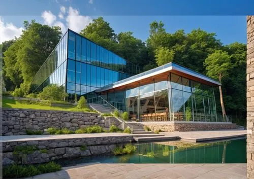 DISEÑO EXTERIOR DE UN RESTAURANT PARA UNA NAVE INDUSTRIAL, TERRAZAS PARA AREA DE COMENSALES YTERRAZAS CON MUROS DE PIEDRA ESCALONADOS, CON MUROS DE PIEDRA, PERSONAS EN LA ESCENA CAMINANDO,CESPED, VENT