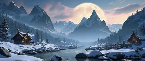 northrend,winter background,fantasy landscape,snowy mountains,snow landscape,mountain settlement,winter landscape,winter village,christmas landscape,snowy peaks,cartoon video game background,snowy landscape,fantasy picture,winter forest,christmas snowy background,ice castle,snow scene,snow mountains,ice landscape,mountainous landscape,Conceptual Art,Daily,Daily 04